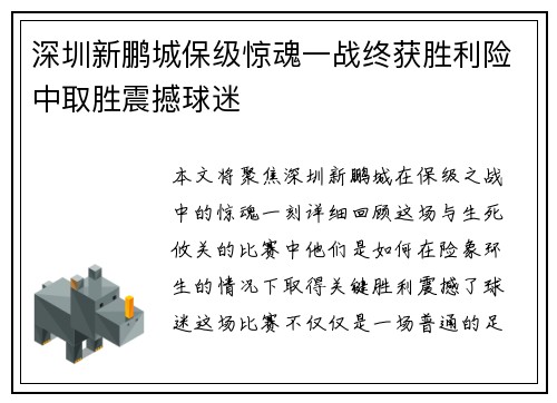 深圳新鹏城保级惊魂一战终获胜利险中取胜震撼球迷